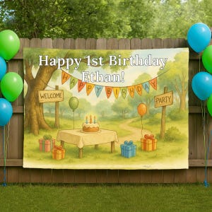 Winnie the Pooh Birthday Banner, Hundred Acre Wood Backdrop, 60&quot; x 40&quot; Custom Sign, Personalized Pooh Bear Party Decoration
