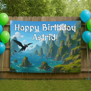 May include: A banner with the text "Happy Birthday Astrid!" against a backdrop of a fantasy landscape with mountains and water. A black dragon is flying in the sky. Green and blue balloons are visible.