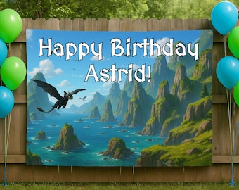 How to Train Your Dragon Birthday Banner, Day or Night Theme, 60" x 40" Customizable Party Backdrop, Dragon Rider Birthday Decor