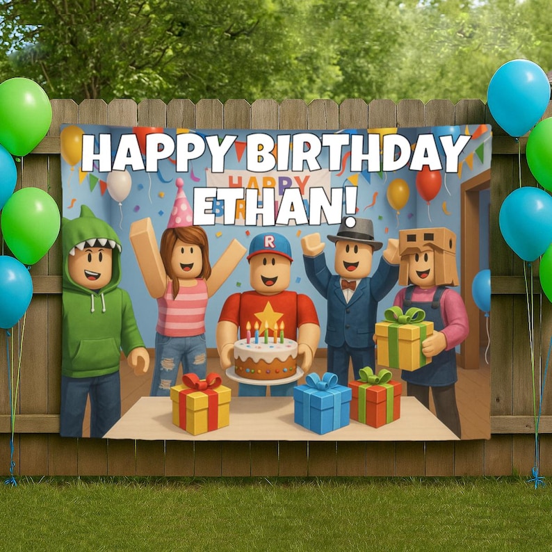 May include: A birthday banner with the text "HAPPY BIRTHDAY ETHAN!" features cartoon characters, balloons, and gifts. The characters are holding a cake with lit candles. Green, blue, and yellow balloons are visible.