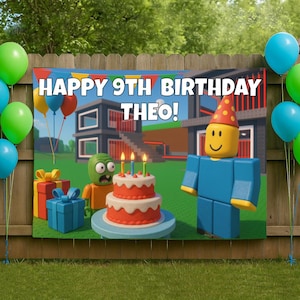May include: A colourful birthday banner reads "HAPPY 9TH BIRTHDAY THEO!" with cartoon characters, a cake with candles, and balloons. The scene is set outdoors with a wooden fence and green grass.