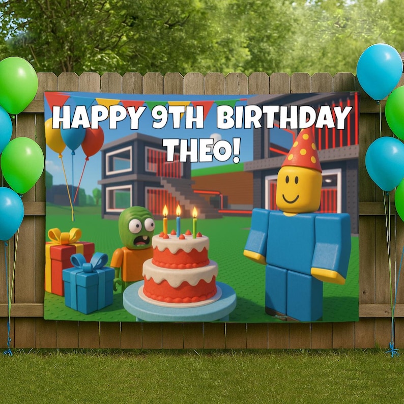 May include: A colourful birthday banner reads "HAPPY 9TH BIRTHDAY THEO!" with cartoon characters, a cake with candles, and balloons. The scene is set outdoors with a wooden fence and green grass.