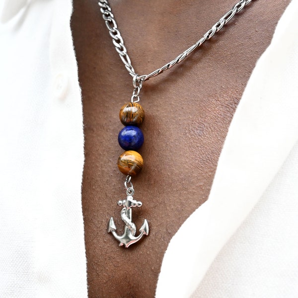 Collier homme pendentif ancre marine, en acier inox, œil de tigre et lapis lazuli