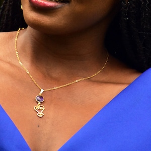 Gold and amethyst heart necklace, Adinkra Sankofa symbol