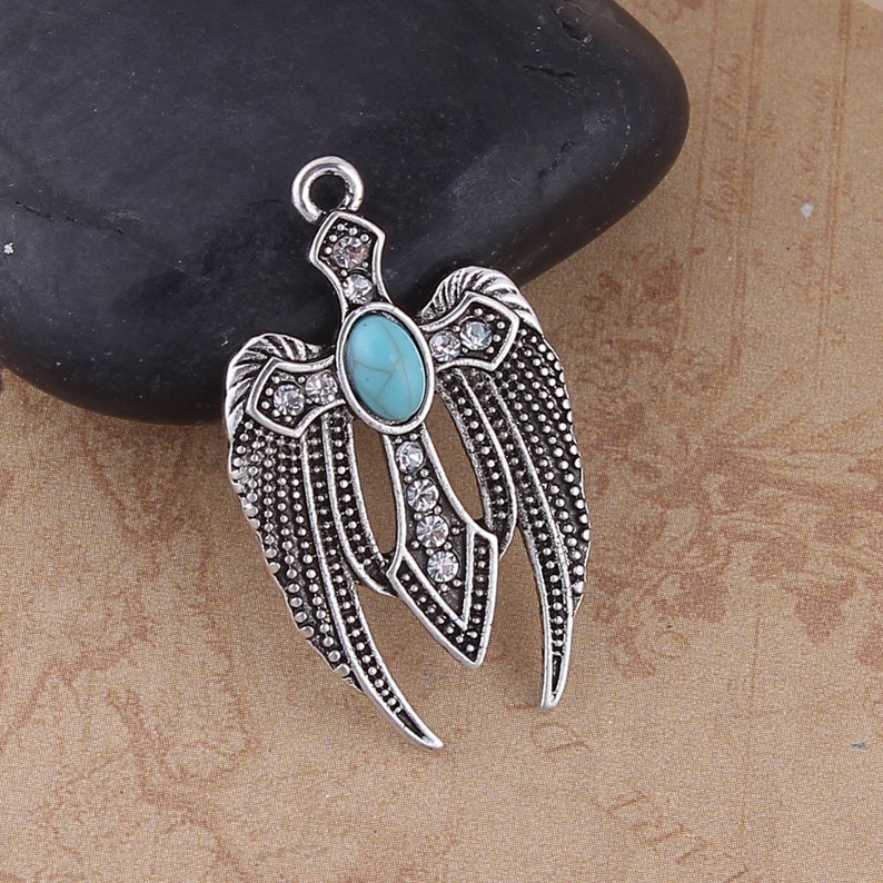 Antique Silver Wings and Crystal Cross Necklace