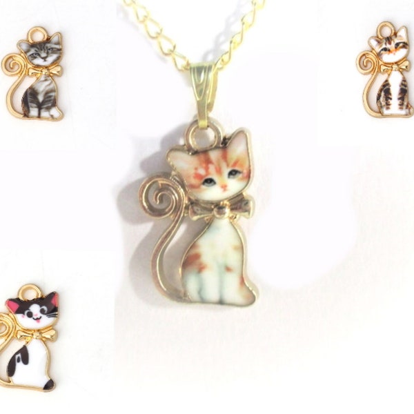Enameled Cat w/ Bowtie Necklace Your  Choice of Style