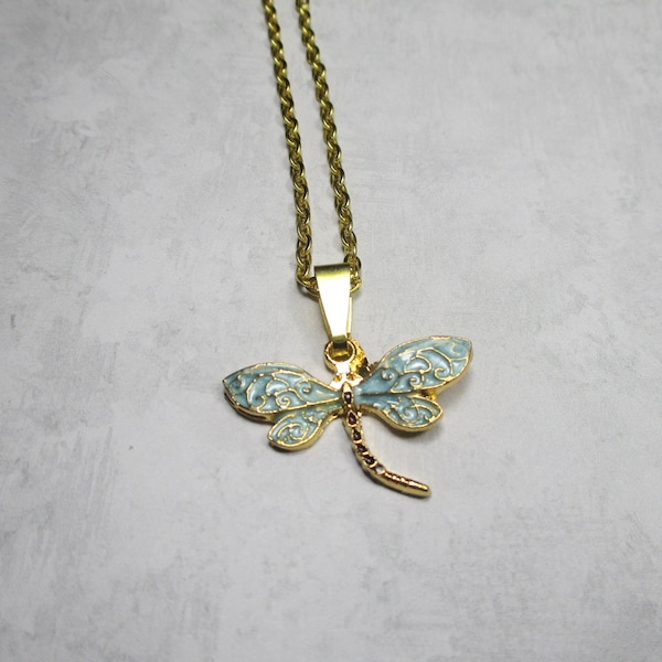 Enameled Green and Gold Dragonfly  Necklace