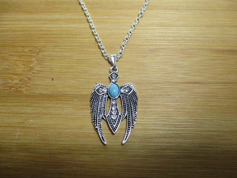 Antique Silver Wings and Crystal Cross Necklace