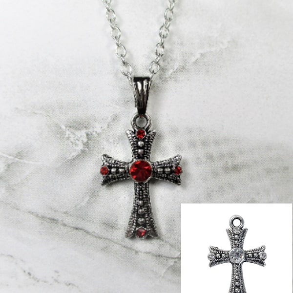 Vintage Style Antique Silver Cross Necklace w/Crystals (Medium Size)