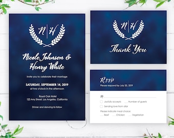 Navy Blue Wedding Invitation Template, Elegant Wedding Invite with Monogram Logo, Printable RSVP & Thank You Wedding Suite