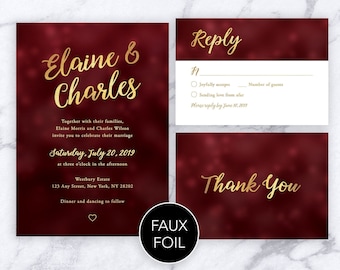 Burgund und Gold HochzeitSeinladung, Einladungsvorlage für Hochzeitsfeiern in Rot und Gold mit RSVP-Karte, druckbare Einladungs-Suite