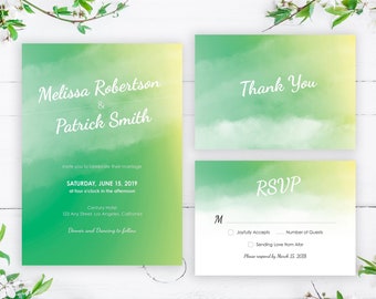 Green Watercolor Wedding Invitation Template, Green Ombre Wedding Invites, RSVP & Thank You Wedding Suite, Printable Wedding Invitation Set