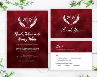 Red Wedding Invitation Template, Wedding Invites with Monogram Logo, Printable RSVP & Thank You Invitation Suite, Wedding Invitation Set