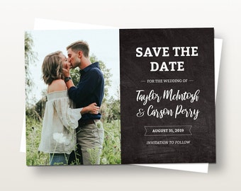 Save the Date Photo Card Template, Printable Wedding Save the Date with Chalk Blackboard Design Background