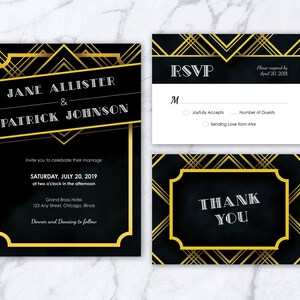 Art Deco Wedding Invitation Template Printable, Roaring 20s Wedding Invites, Vintage Black & Gold Invitation, 1920s Great Gatsby Invitation