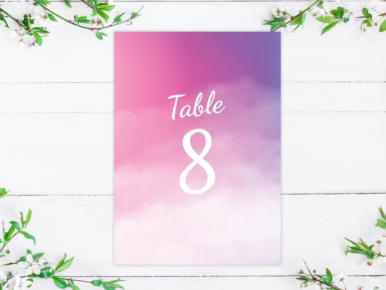 Pink Watercolor Ombre Wedding Table Numbers, Wedding Signs Decor Template, Pink Table Numbers Printable image 1