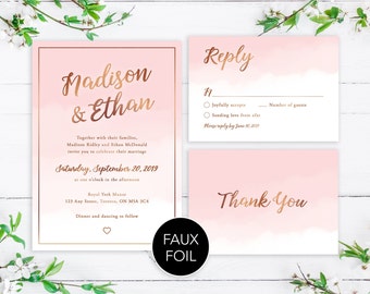Blush Pink and Gold Wedding Invitation Template, Pink Ombre Wedding Invites with RSVP Card, Printable Invitation Suite