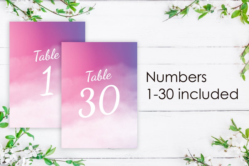 Pink Watercolor Ombre Wedding Table Numbers, Wedding Signs Decor Template, Pink Table Numbers Printable image 2