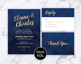 Navy Blue and Gold Wedding Invitation Template, Navy and Gold Wedding Invites with RSVP Card, Printable Invitation Suite