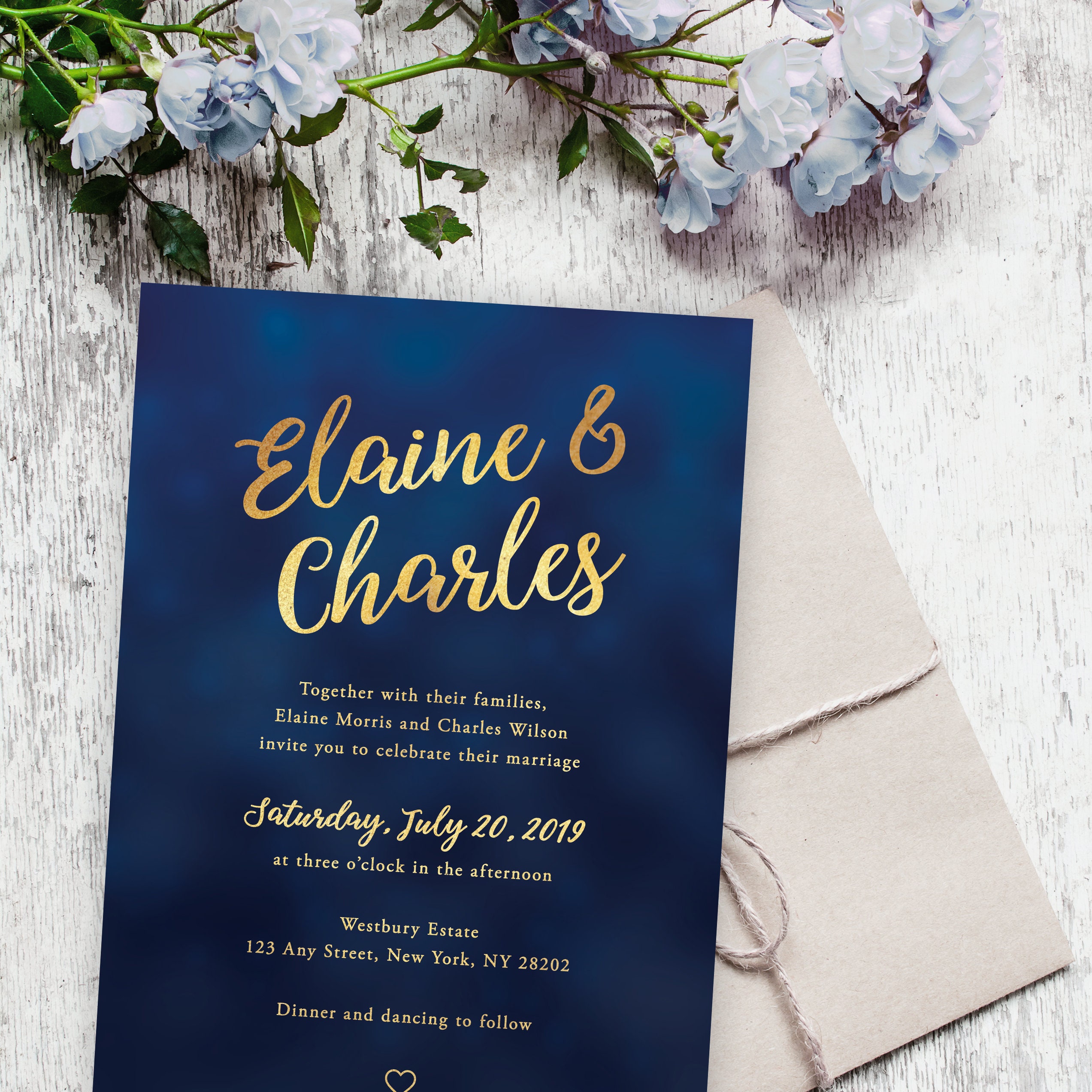 Navy Blue and Gold Wedding Invitation Template, Navy and Gold Wedding