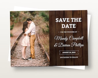 Rustic Save the Date Photo Card Template, Printable Rustic Wedding Save the Date with Wood Texture Background and Couple's Photograph