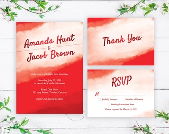 Red Watercolor Wedding Invitation Template, Red Wedding Invites with RSVP, Red Ombre Invitation Set, Printable Wedding Suite