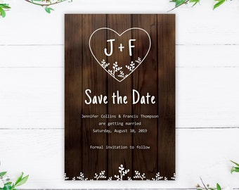 Rustic Save the Date Template with Heart Monogram Logo, Printable Save the Date, Boho Hold the Date Card, Rustic Wedding Save the Date