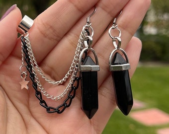 FREE SHIP | Black Onyx Crystal Gemstone Chain Ear Cuff Earrings Set