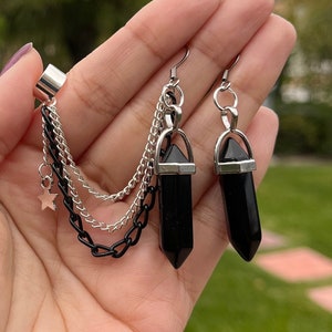 FREE SHIP | Black Onyx Crystal Gemstone Chain Ear Cuff Earrings Set