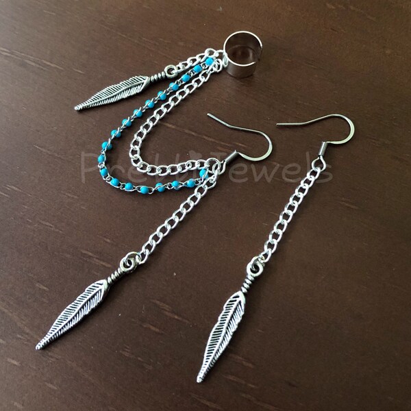 Turquoise Dangly Feathers Chain Ear Cuff Earrings