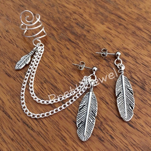 Simple Feathers Ear Cuff Earring Set Etsy