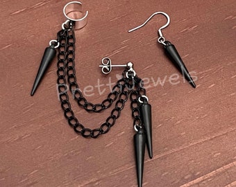 FREE SHIP | Dangly Spikes  Black Ear Cuff Earrings Set | Ear Cuff, Chain Earrings, Ear Cuff Chain,  Spike Earrings, Spike Ear Cuff