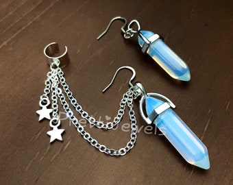 FREE SHIP | Starry Opalite Gemstone Chain Ear Cuff Earrings Set