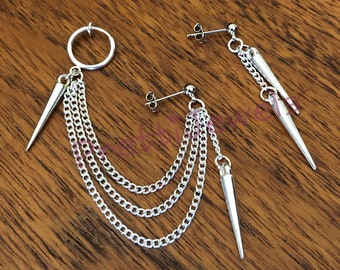  Black Spike Asymmetric Threader Drop Dangle Earrings for Women  Men Teen Girls Boys Punk Personalized Cartilage No Pierced Cuff Long Chain Fish  Hook Piercing Hanging Earrings for Boyfriend Daughter Son: Clothing