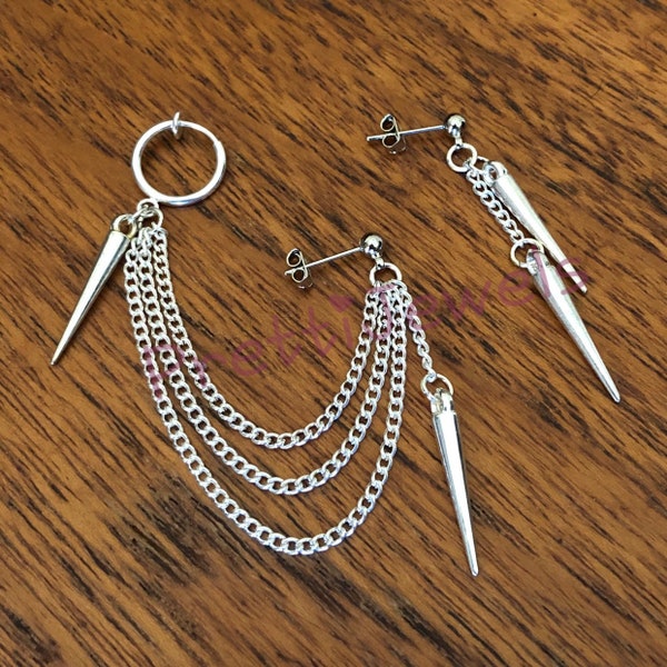 Silver Dangly Spikes No Piercing Ear Clip Earrings Set | Ear Cuff, Chain Earrings, Ear Cuff Chain,  Spike Earrings, Spike Ear Cuff