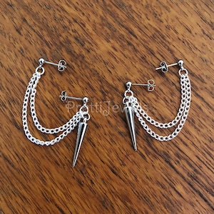 FREE SHIP | Short Chained Double Piercing Spikes Cartilage Earrings Set