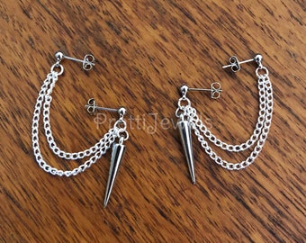 FREE SHIP | Short Chained Double Piercing Spikes Cartilage Earrings Set