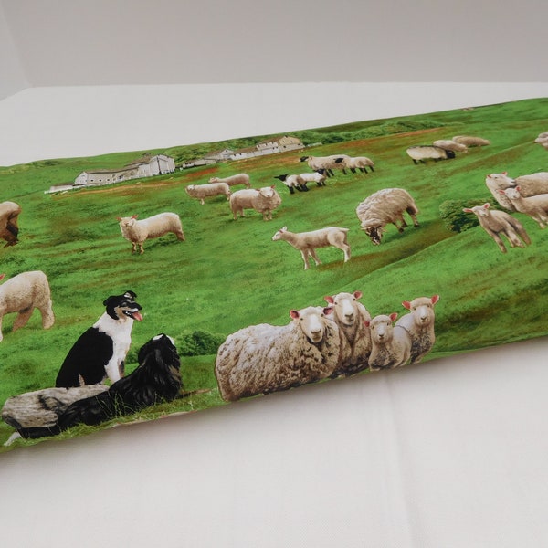 880 Sheep fabric by the yard; Elizabeth Studios; Fat quarter to many yards; Peaceful country scene of sheep, lambs, collies in the pasture