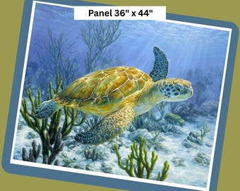 887 Ancient Mariner Sea Turtle Cotton Fabric Panel - David Textiles Digital Print 44"x 36" - Ocean Theme Quilt, Wall Hanging
