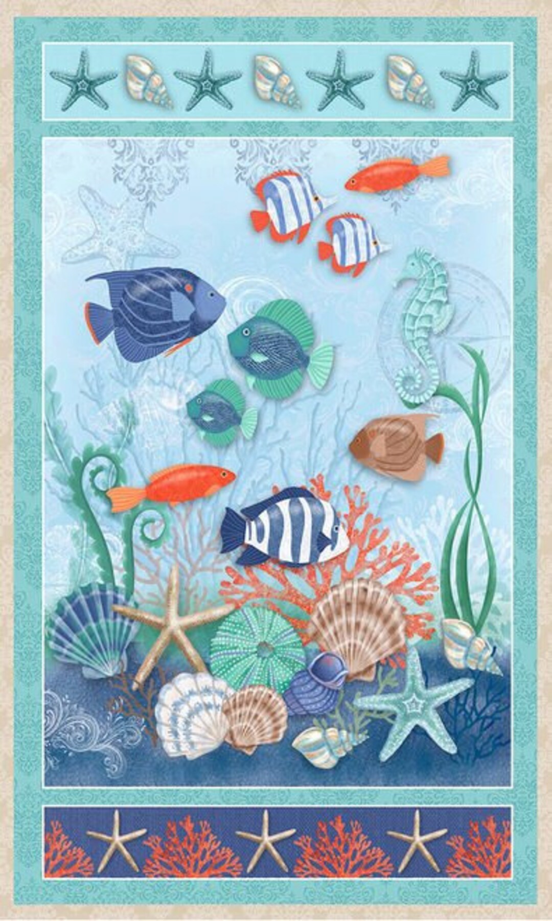 1069 Beach Fabric Panel With Sea Life Scenes Aqua Borders. Etsy