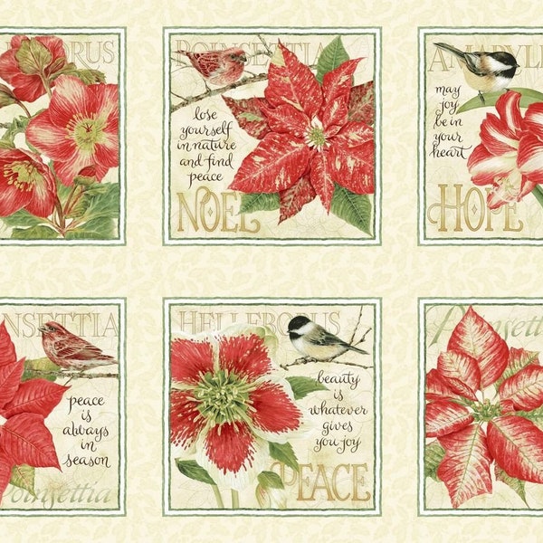 1318 Botanical Print Panel Squares from Henry Glass Co; Six large blocks 9.5" square with poinsettia, red cardinal, chickadee, holly leaves