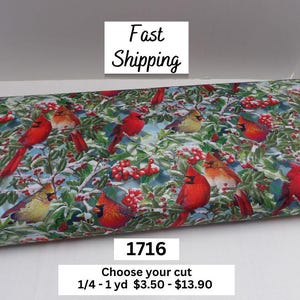 1716 Christmas Cardinal Bird Lover 100% Cotton Fabric by the yard with Holly Berries and Snow Scene by David Textiles - Ornithologist Gift.