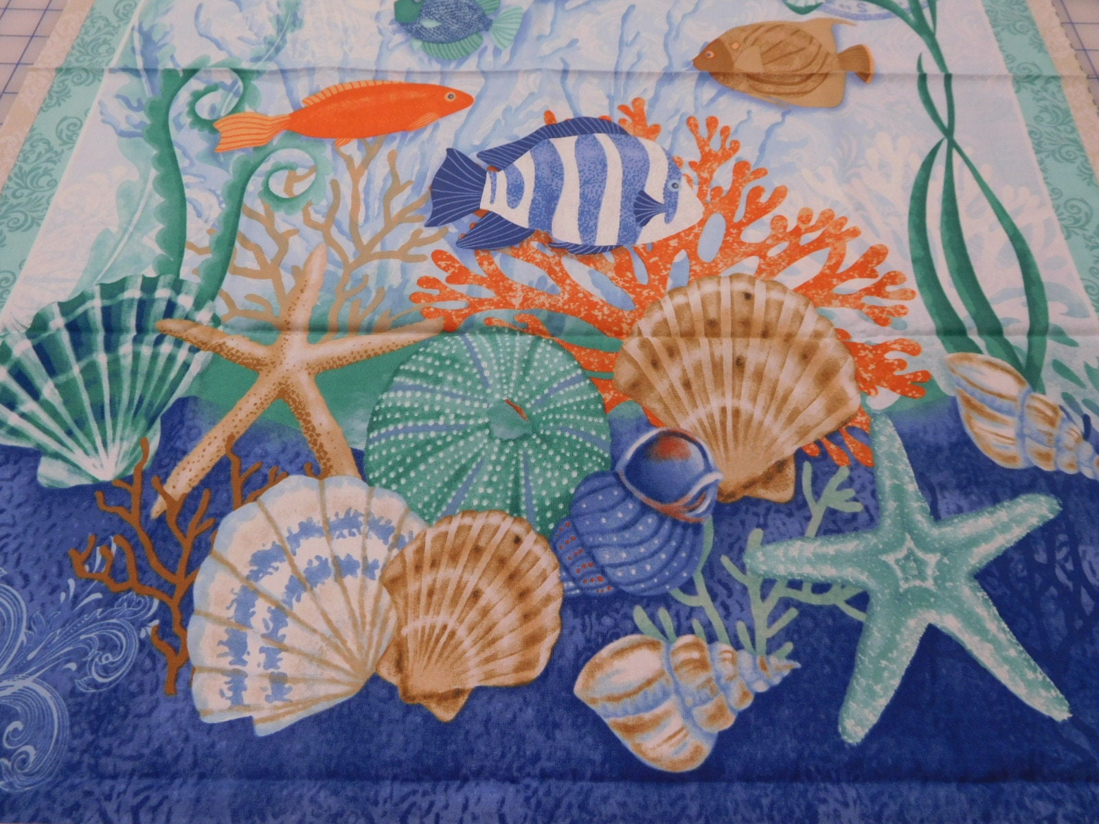 1069 Beach Fabric Panel With Sea Life Scenes Aqua Borders. Etsy New