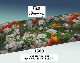1560 Blooming Spring Orchard with Birds - 100% Cotton Fabric: Red Cardinals in Apple Trees - Digital Print by David Textiles