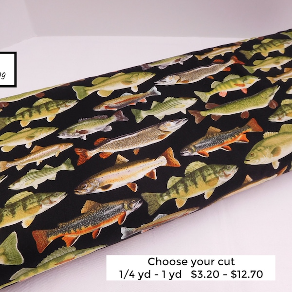 1010 Fresh Water Fish on Black Fabric; Fabric By the Yard; Fat Quarters to Full Yards;