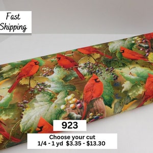923 Red Cardinals in the Orchard Fabric By the Yard; Allover Scenic Cardinals Print; 100% Cotton; Bird Lover Fabric