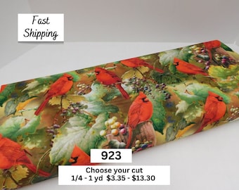 923 Red Cardinals in the Orchard Fabric By the Yard; Allover Scenic Cardinals Print; 100% Cotton; Bird Lover Fabric