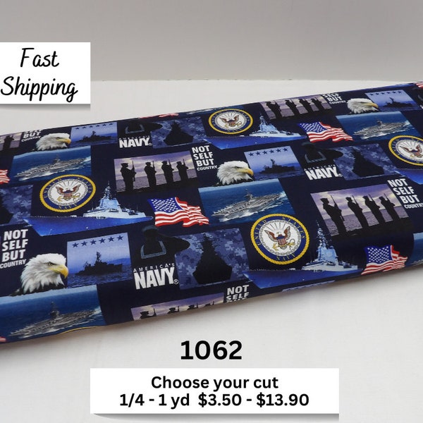 1062 US Navy cotton fabric by the yard, military fabric; Sykel pattern 021-2N fat quarters, small fabric cuts, US navy veteran gift