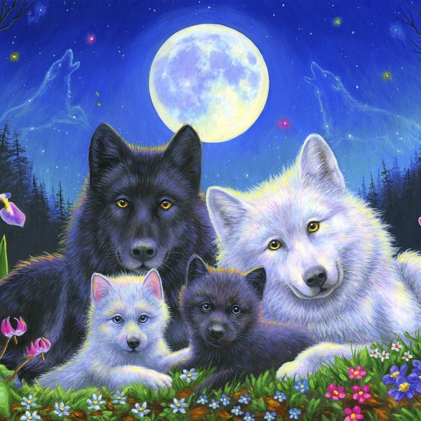 1506 Howling Moon Panel, 2 adult wolves and 2 pups; David Textiles digitally printed cotton fabric, 43.5" W x 35" L; wall hanging, lap quilt