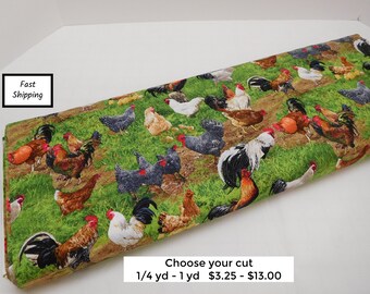 627 Chicken Rooster Fabric, Elizabeth Studios cotton fabric by the yard, fat quarters, small fabric cuts, free range barnyard scene, chicks